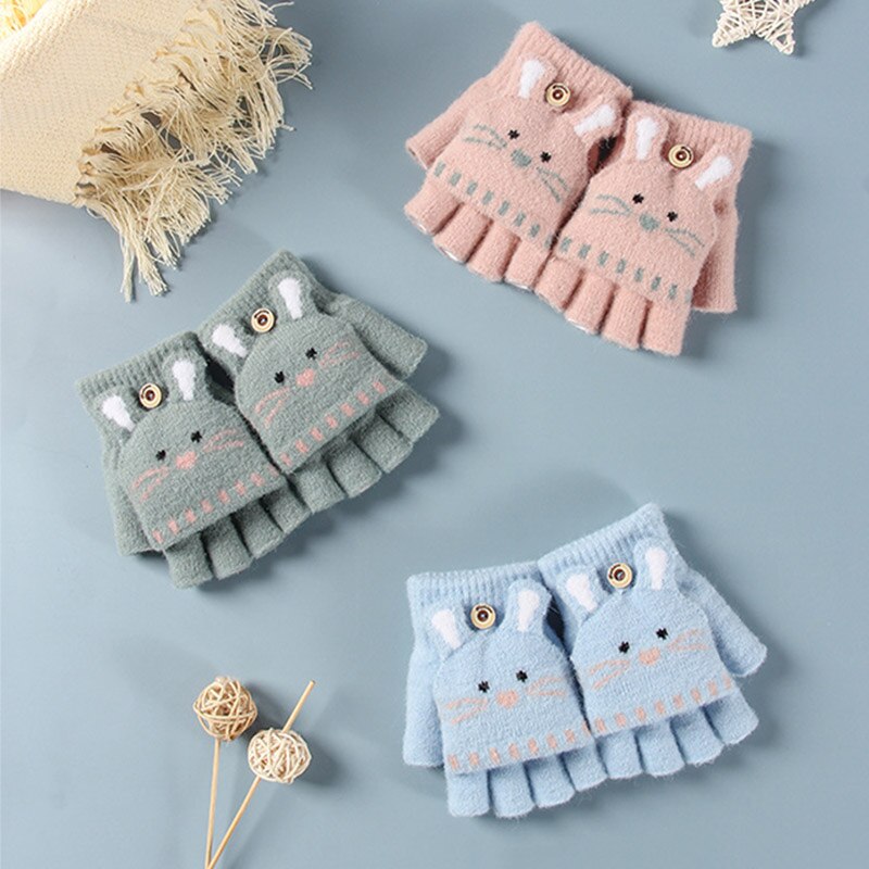 Gants doux tricotés avec des animaux de dessin animé pour bébés, pour filles et garçons, à rabat, mitaines chaudes sans doigts pour enfants, automne et hiver