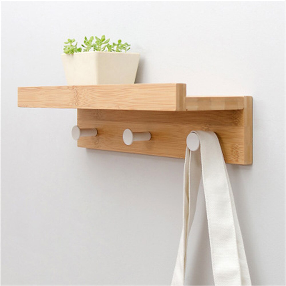 Frisk og enkel stil et-ords skillevæg hængende væg bambus væg krog nøgle håndklædestativ hylde væg hylde rack: Træfarve 3 kroge