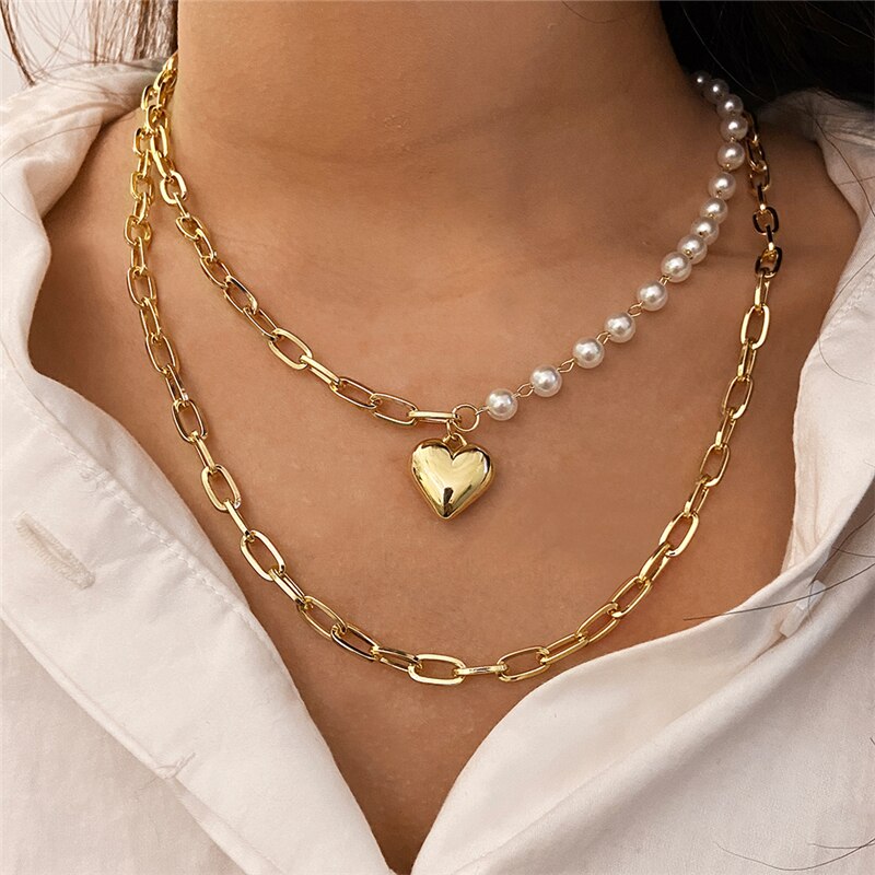 Punk Gold Multilayered Chain Baroque Pearl Necklace For Women Coin Crystal Pendant Necklace Trend Jewelry: CS5291101