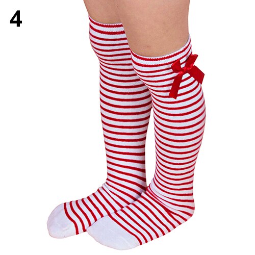 Salg piger bomuld lange knæstrømper børn børn baby tumling sløjfe stribet ben varm: Rød hvid