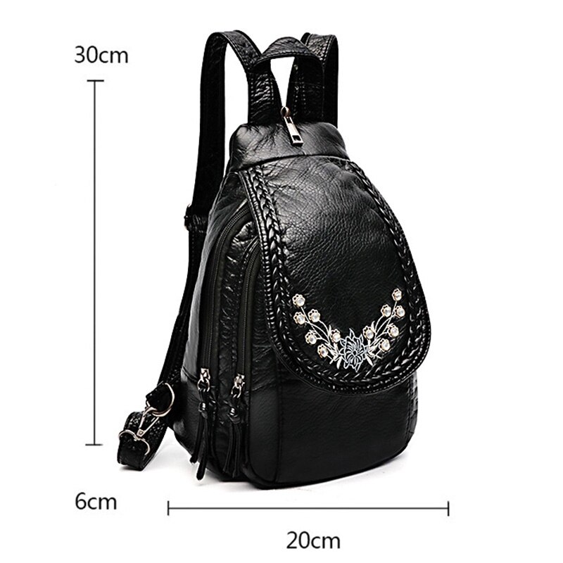 Embroidery Flowers Women Backpack Small Soft Pu Leather Backpacks for Girls Teenagers Female Shoulder Bag Chest Pack Black Bolsa