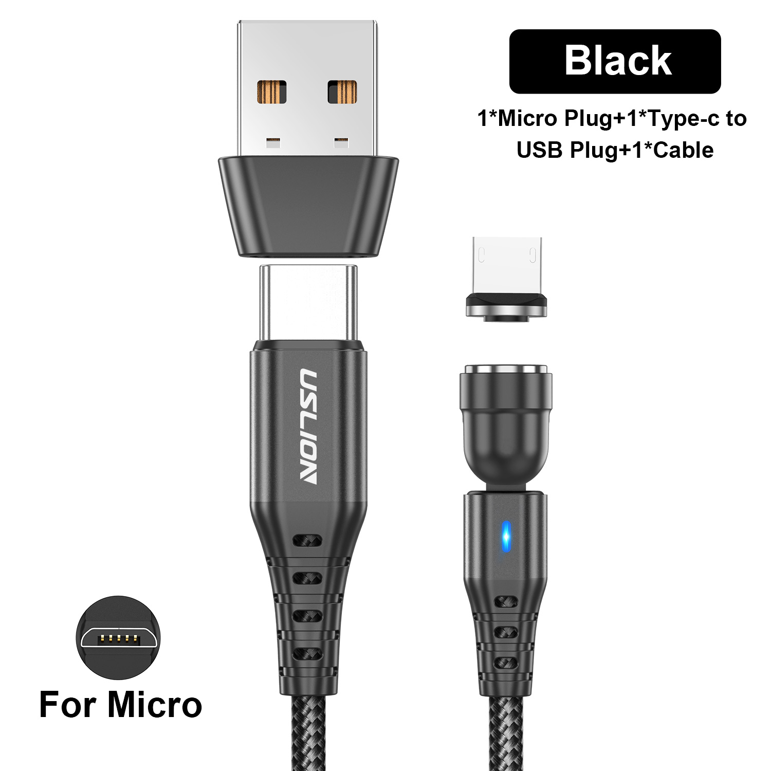 USLION 2 in 1 PD 60W Fast Charging Magnetic Cable USB C to Type C Micro Data Cord for iPhone 15 14 Pro Max Xiaomi 13 Poco M5 X5