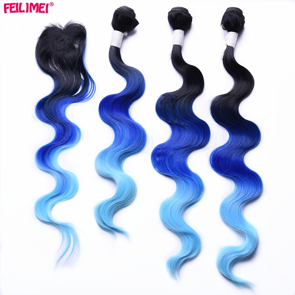 Feilimei-mechones de pelo sintético, tejido de fibra de alta temperatura, 3 tonos, Rubio degradado, gris, azul, Morado, 18 pulgadas, 20 pulgadas, 22 pulgadas: Azul