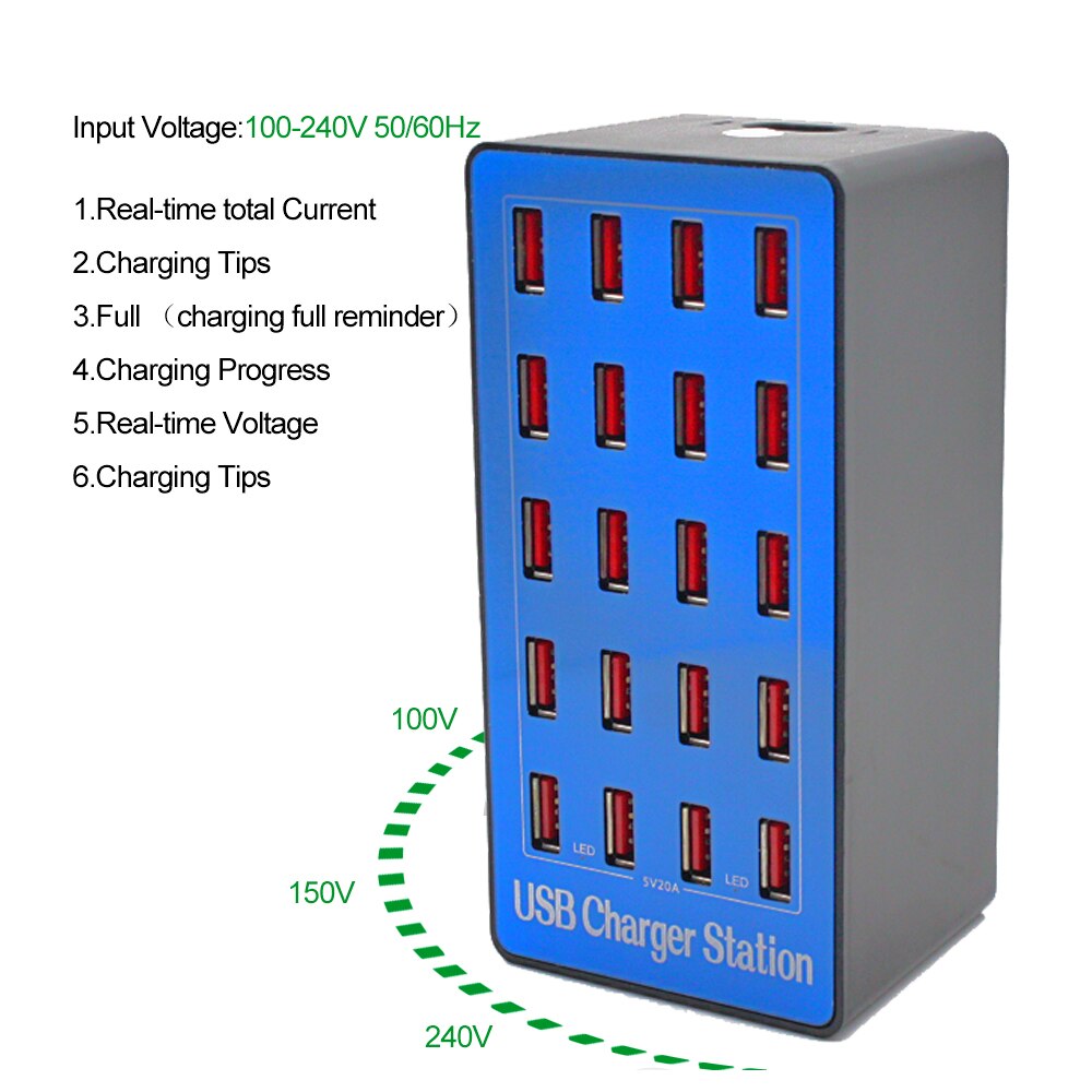Mobiele Telefoon High Power 100W Intelligente 20 Port Usb 5V 20A Charger Hoofd Universele Mobiele Telefoon Laadstation