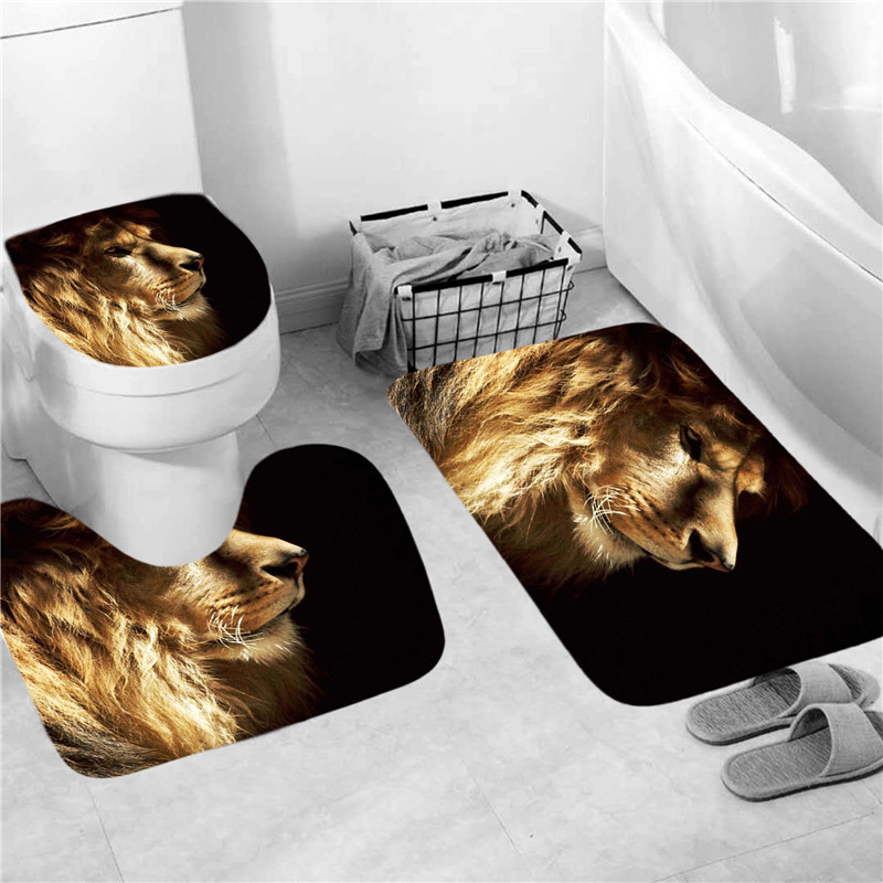Ensemble de rideau de douche avec tapis, motif animaux, tigre, Lion, imperméable, écran de bain, antidérapant, couvercle de toilette, décor de salle de bain: 3 PCS Mats - B