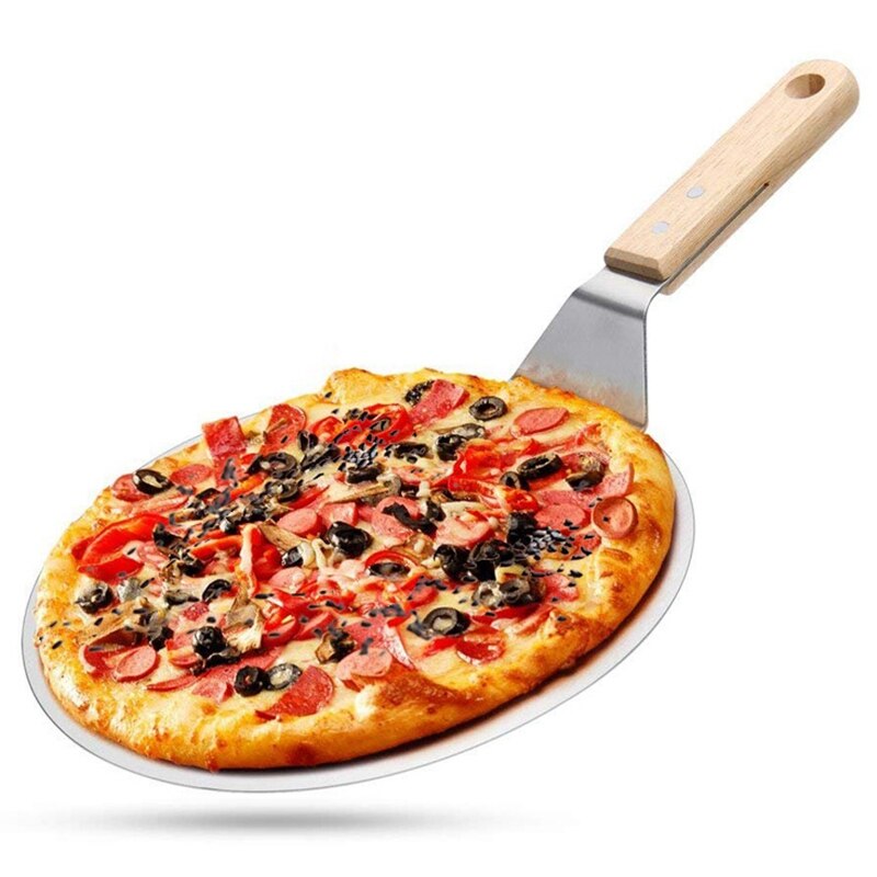 Stainless Steel Pizza Peel, 10 Inch Round Metal Pizza Peel with Wood Handle and Pizza Cutter Wheel &amp; Pizza Shovel for Serving Fo