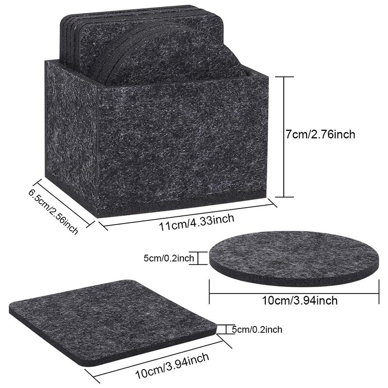 Set Of 12 Felt Coasters, Dark Gray Glass Coasters Set with Box, Round and Rectangle Coasters for Glasses, Table, Drinks, Cups, B