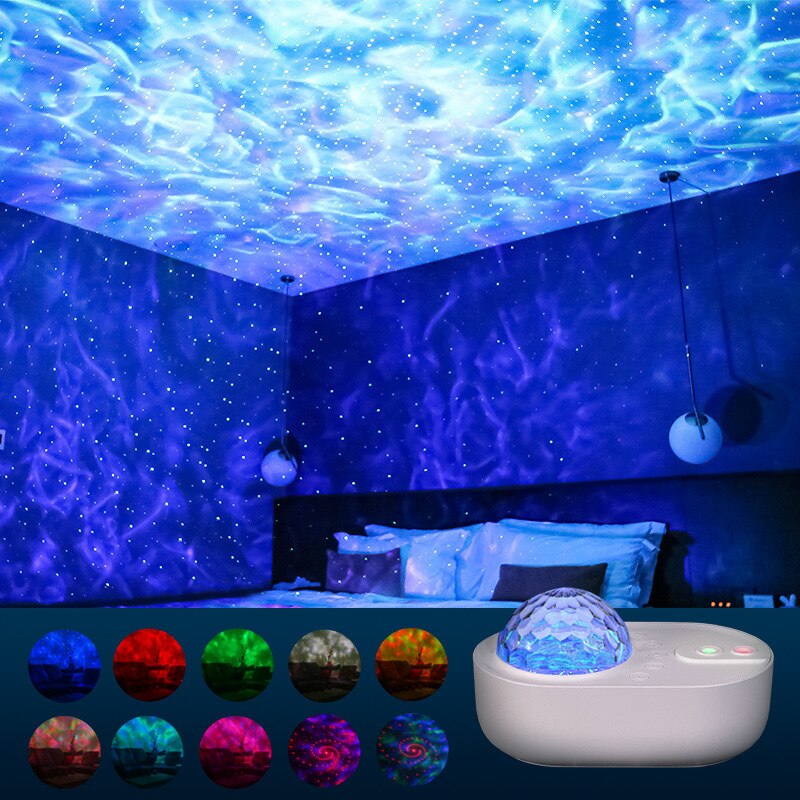 Lámpara de proyector de cielo estrellado para dormitorio de niños, luz LED de noche romántica con música creativa, nave espacial