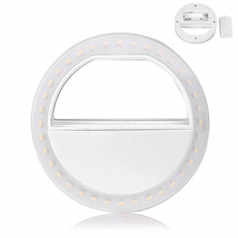 Selfie Led Ring Flash Light Draagbare Telefoon Selfie Lamp Lichtgevende Clip Lamp Camera Fotografie Video Spotlight Lens: White   battery