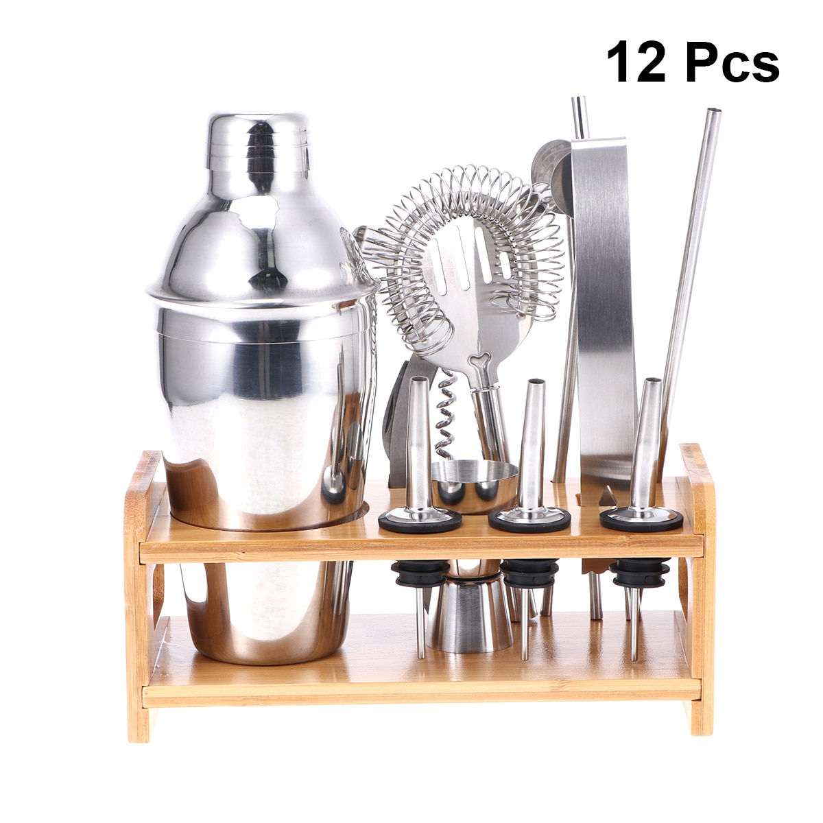 1 Set 12pcs Stainless Steel Cocktail Kit Wooden Base Cocktail Mixing Kit Drink Mixer Bartender Tools 250/350/550/750ML
