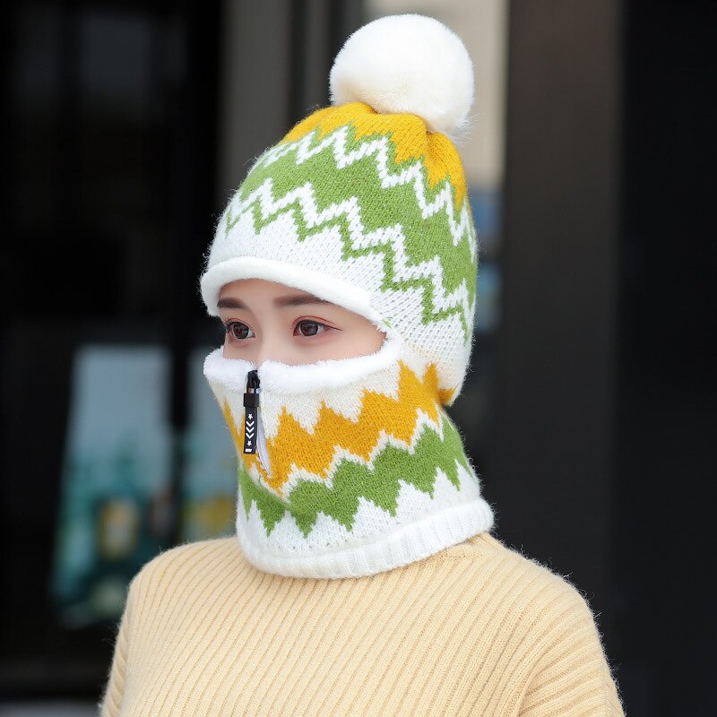 Double-Use Women Warm Knitted Hat Scarf Hooded Collar Elastic Winter All-Match Adult Teen Thick Soft Neck Warmer Female Caps: ZIPPER WHITE