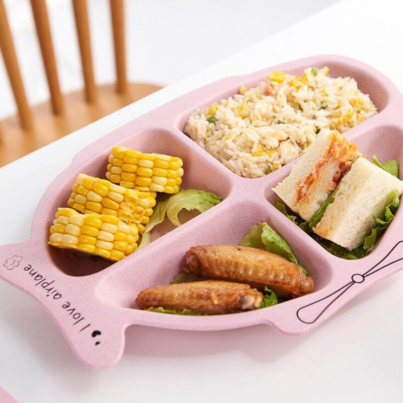 Assiette d'alimentation solide en plastique pour enfants, plat à dîner divisé pour enfants, joli hélicoptère de dessin animé, nourriture pour bébé, 4 sections avec cuillère fourchette