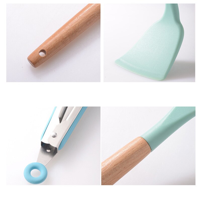 Juego de Utensilios de Silicona para la Cocina, Instrumentos para Cocinar, Espátula y Pala Antiadherente, Accesorio con Mango de Madera, con Recipiente de Almacenamiento