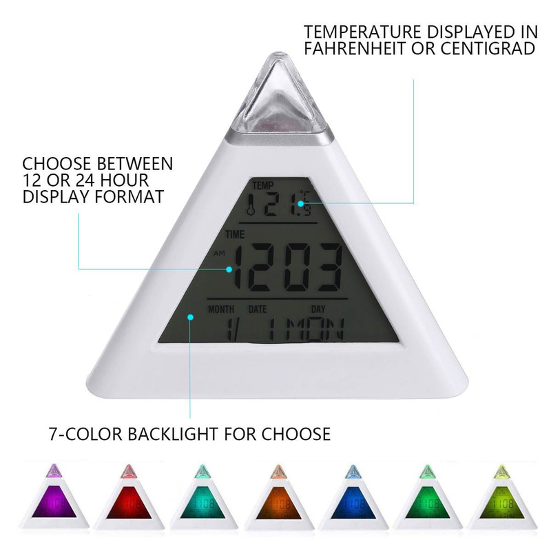 7 Colors Colorful Pyramid LCD Alarm Clock Night Light Thermometer Digital Wall Clock Calendar Timer Digital Led Alarm Clocks