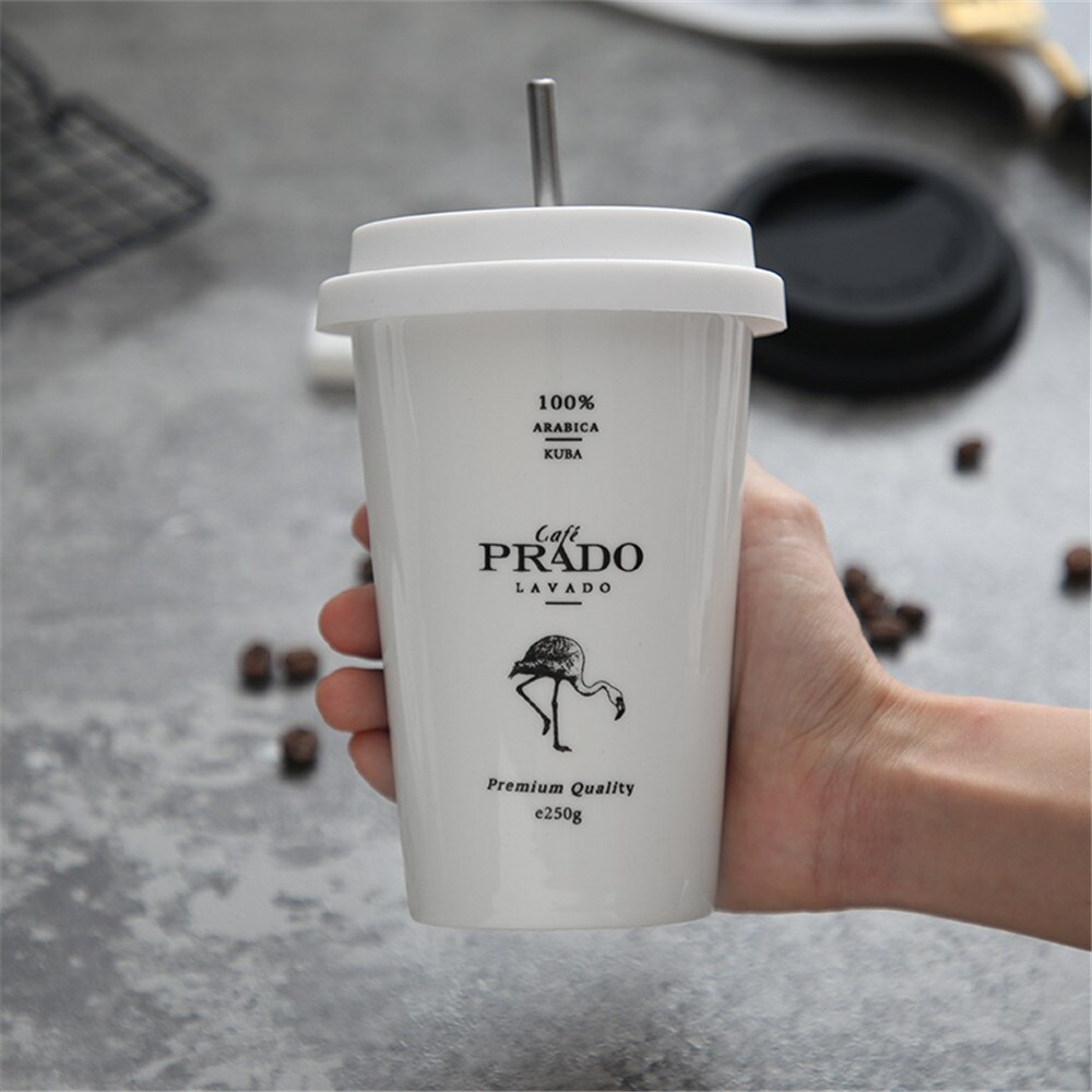 Keramisk kaffekrus med låg halm animalsk trykte krus mælk te kop bærbart hjemmekontor drinkware 1pc