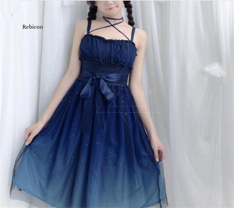 Shinning Stars Lolita Dress Gradient JSK Star Blue Girls Solid Fancy Dress Lace Ruched Pleated Dress and Shirt Set