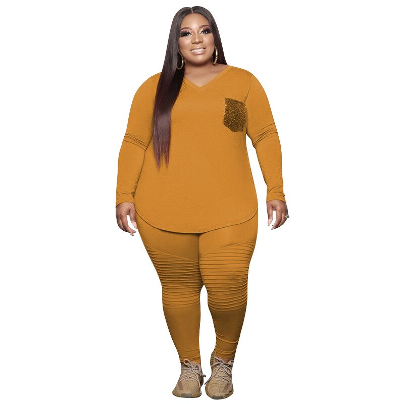 Grande Taille Femmes Vêtements Deux Pièces Ensemble 4xl 5XL 2 pièces Pantalons Et Haut Ensemble décontracté Grande Taille Zestawy Deux Pièces Grande Taille Conjuntos: Turmeric / 4XL