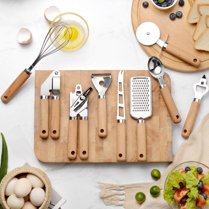 9 stücke Küchen helfer & Küchen werkzeug Geschenkset Küchengeräte und Gerät einstellen Edelstahl Utensilien einstellen mit Holzgriff