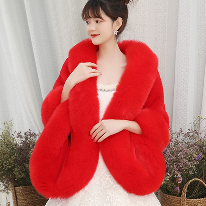 JaneVini Burgundy Wedding Jacket Furry Bridal Faux Fur Shawl Wrap Winter Bolero Cloak Women Evening Party Stole In Stock: Red