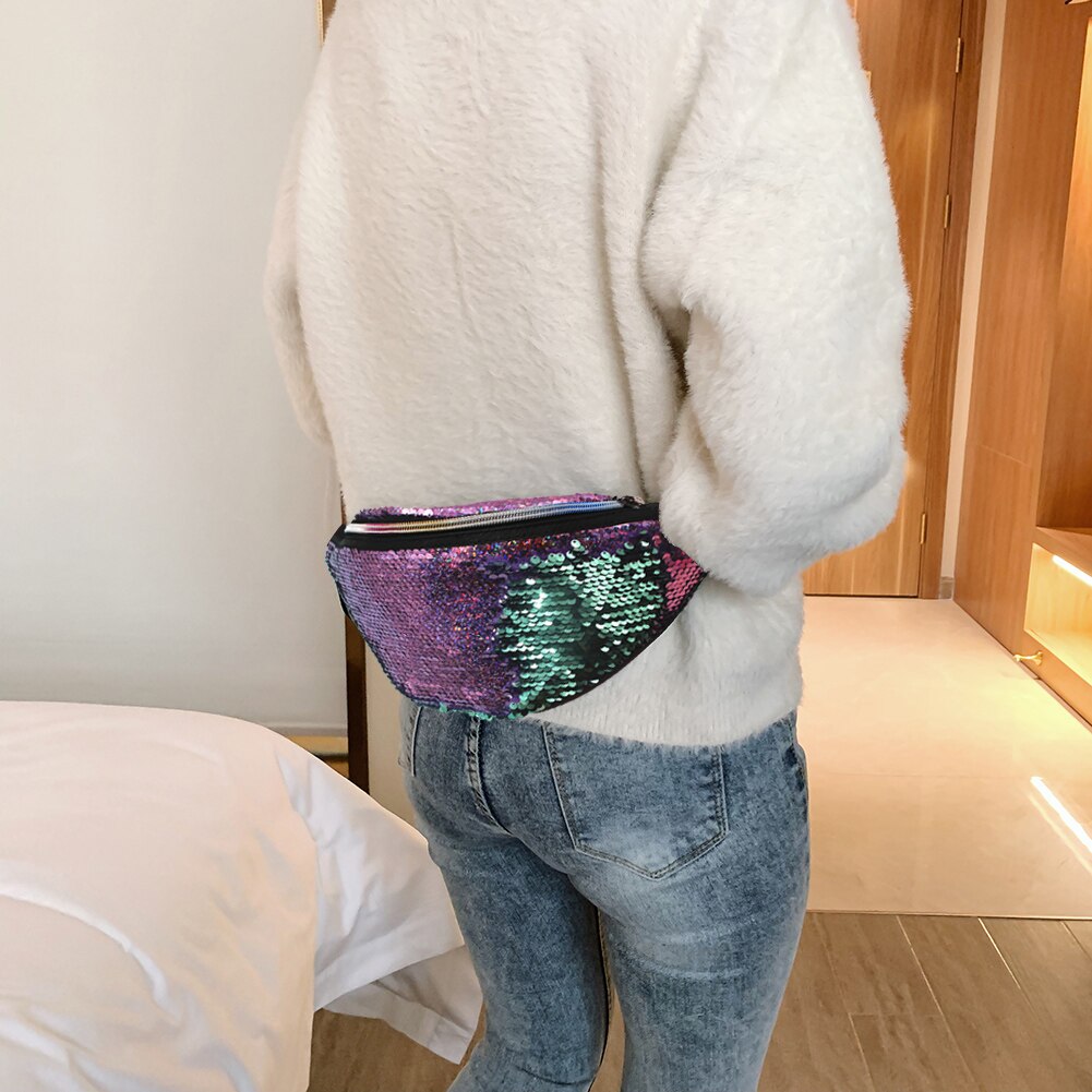Sequins Fanny Waist Bag Women Colorful Shoulder Crossbody Bags Zipper PU Glitter Chest Belt Pack Outdoor Travel Pouch