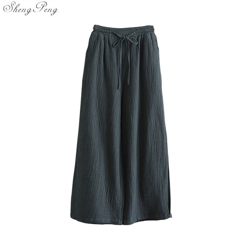 Pantalones de pierna ancha de mujer cintura elástica otoño pantalón de lino Mujer Pantalones sueltos Casual Vintage V1569