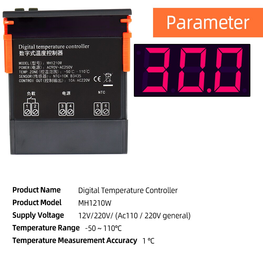 Controlador de temperatura MH1210W DC12V DC24V, termómetro de AC110-220V, termostato termorregulador-50 ~ 110 C, Sensor NTC para incubadora