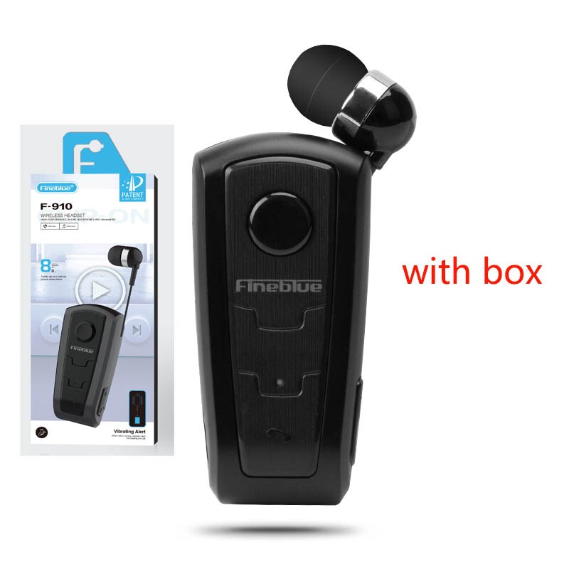 FineBlue F910 Bluetooth Headset - Clip-on, Vibration Alarm, Retractable Cord, Hands-Free Calling