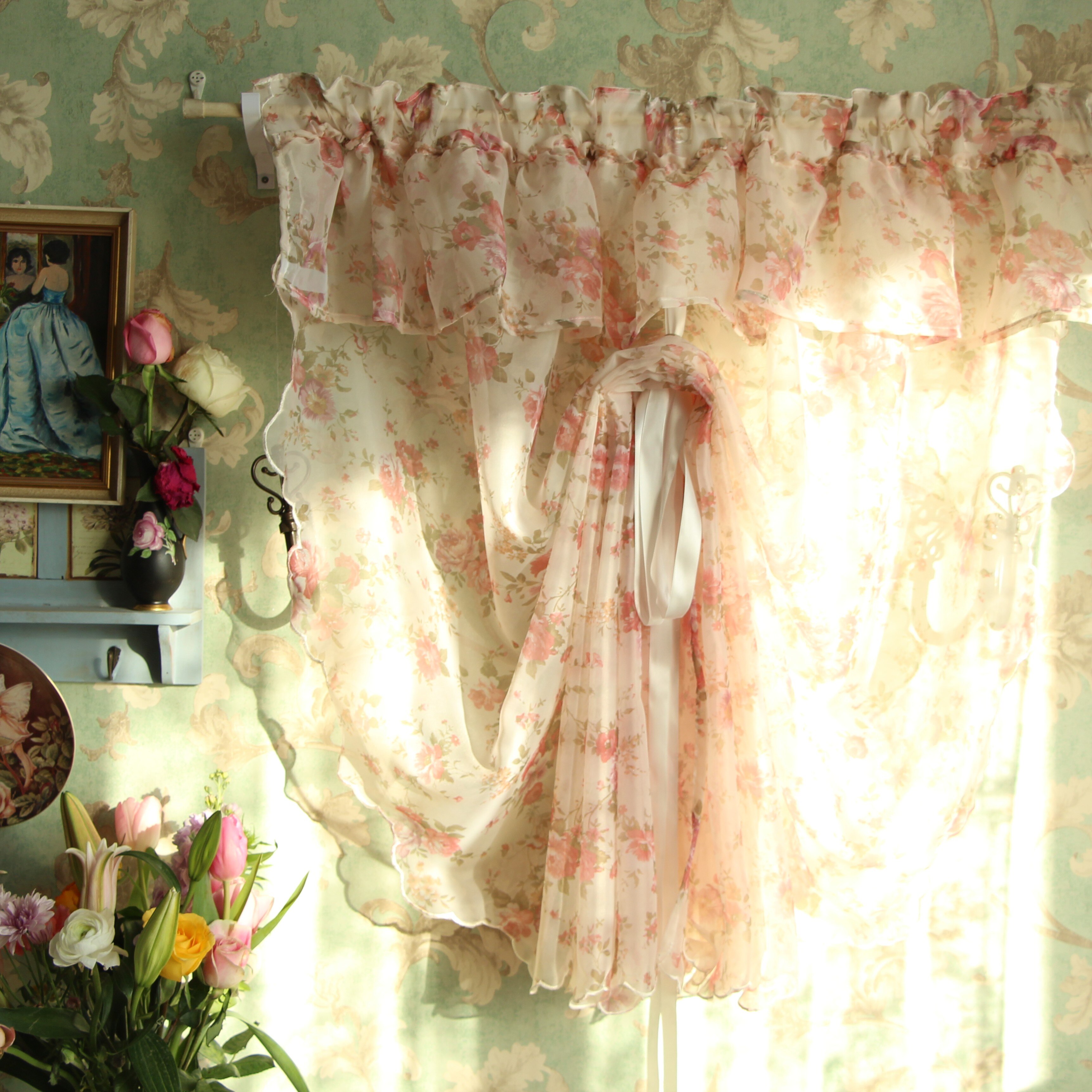 1 pcs Idyllic country style flower lotus leaf curtain head ribbon pull-down fan-shaped semicircular curtain gauze curtain