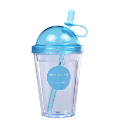 plastic adult mugs with straw milk tea coffee cup with lid double-deck student couple juice glass portable water bottle: blue / 320ml