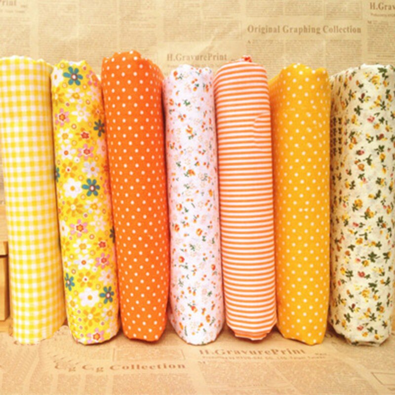 Diverse bedrukte katoenen stoffen, quilten, naaien, knutselen, patchwork, voorgesneden, 7 stuks: Geel