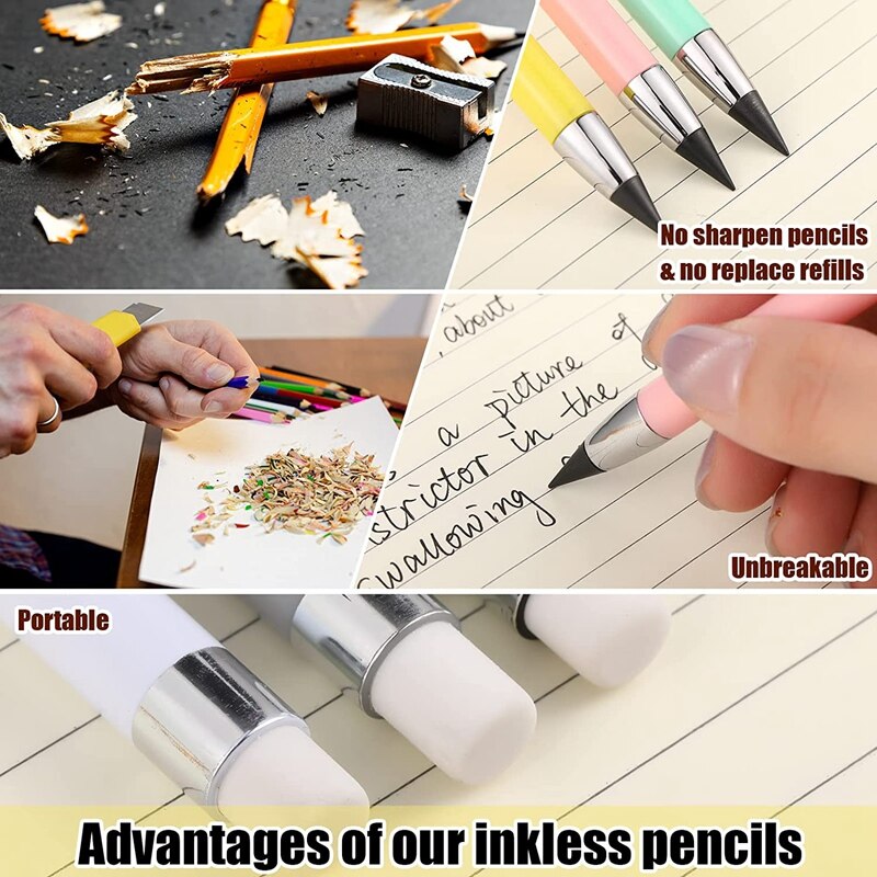18 Pcs Inkless Pencil Reusable Everlasting Pencil Eternal Pencil Erasable Pencils with Eraser for Writing Drawing
