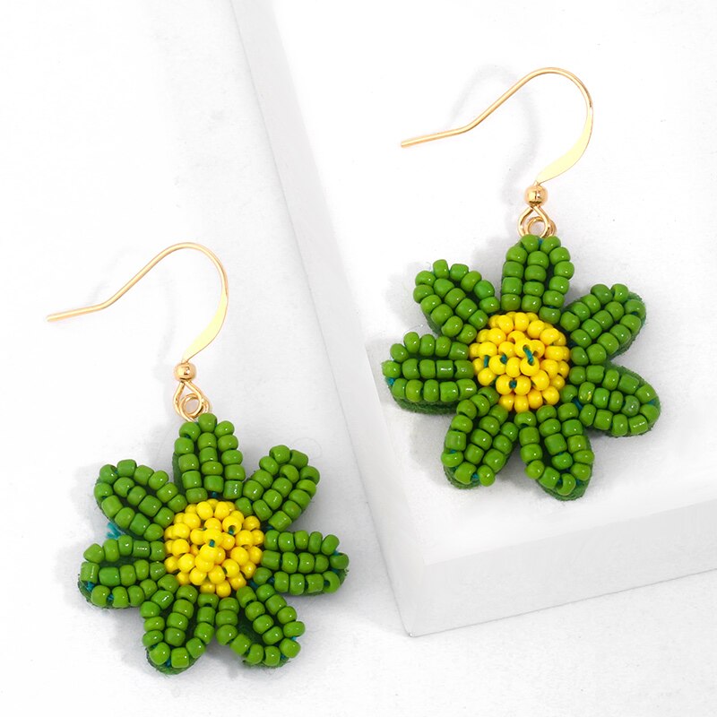 Handmade Green Beaded Daisy Sunflower Earrings For Women Multicolor Seed Bead Earrings Bohemian Jewelry erst90