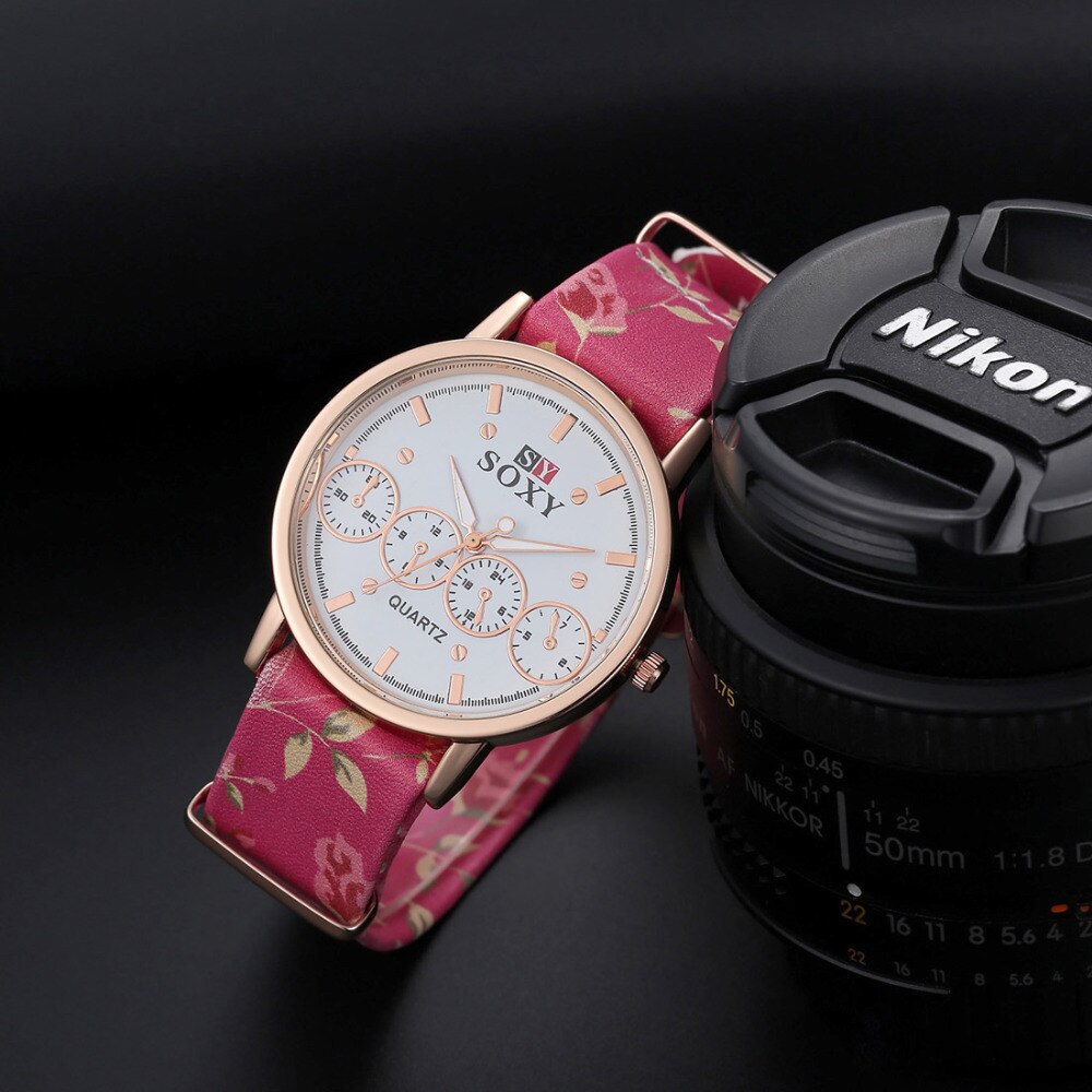 Kobiety luksusowej marki zegarek SOXY moda złoty zegarek kobiety ubierają pasek ze skóry zegarek kwarcowy panie godzin zegar panie prezent Relogio Feminino