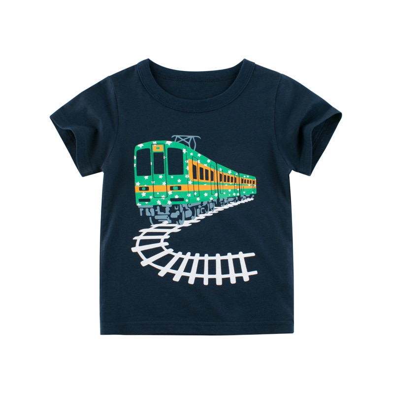 1-10T Children Clothing Kids Boys Summer Tee Short Sleeve Cartoon Cute Train Railway Pattern Top