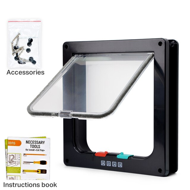 Puerta inteligente para mascotas, cierre de seguridad de 4 vías, plástico ABS, con solapa, interruptor controlable de dirección, para perros y gatos: Black / L 25x23.5x5.5cm