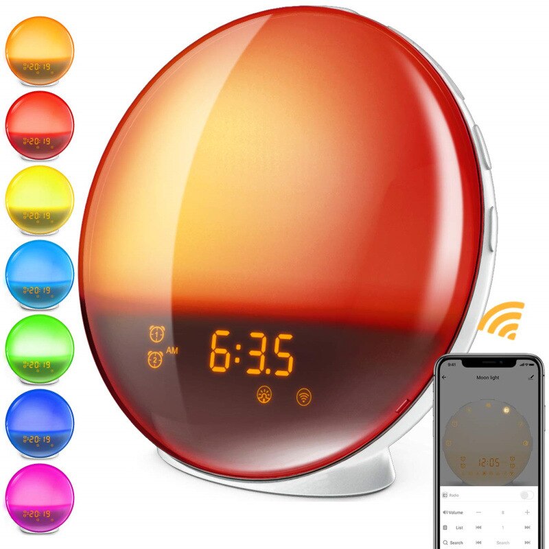 Stemmestyring fm radio vækkeur med solnedgang falmende natlys og udsættelse har 7 farver sollys simulation vækning sengelampe