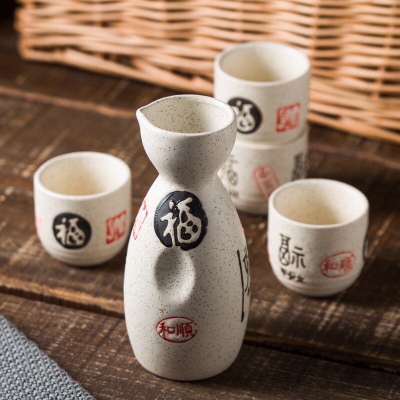 5 Pcs Ceramic Japanese Sake Set Bottle Cups With Cork Stopper Bar Crockery Wine Warm Sets 16 Pattern Wood Tray: J