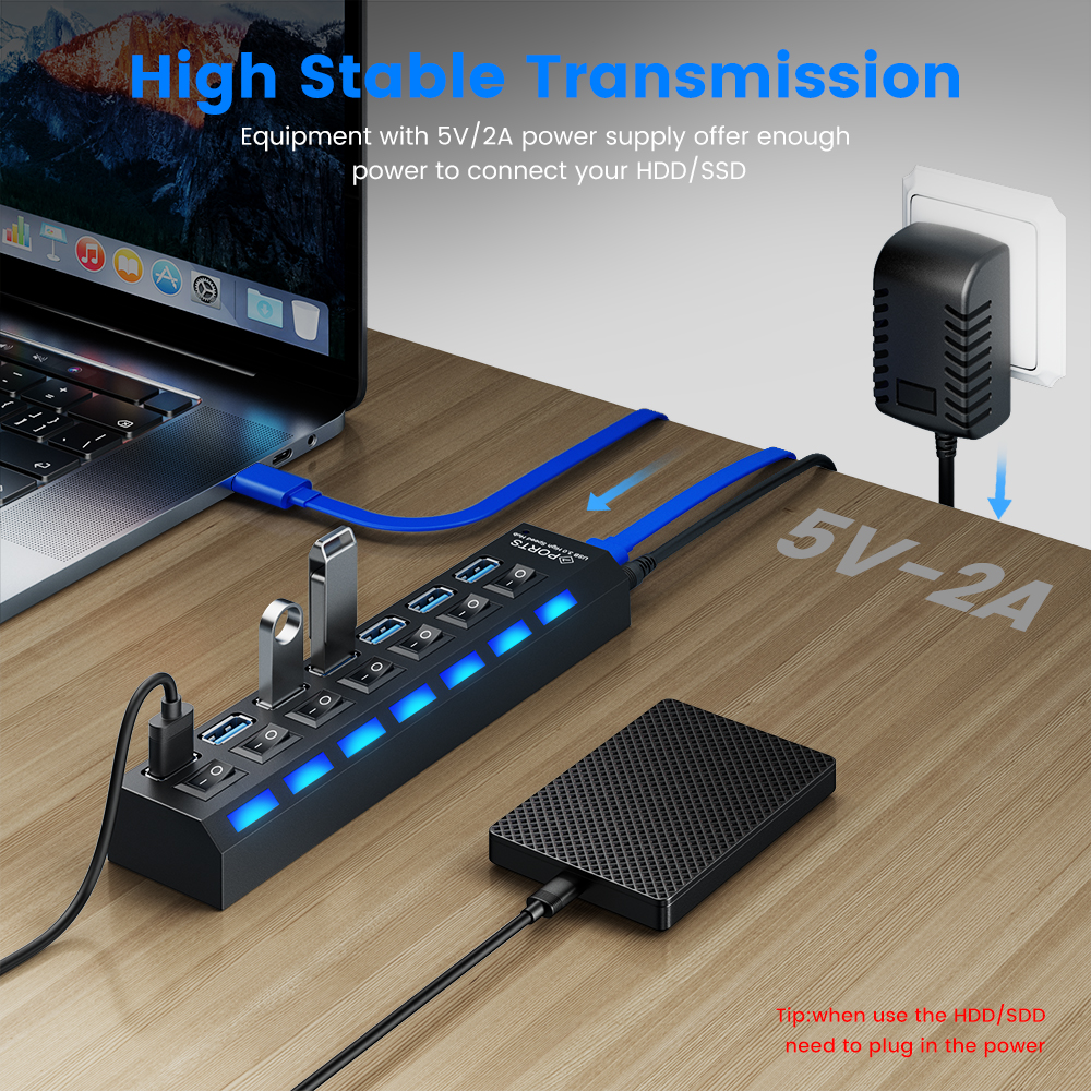 HUB USB 3.0 à plusieurs ports avec interrupteur, répartiteur pour PC, adaptateur d&#39;alimentation multiple USB 2.0