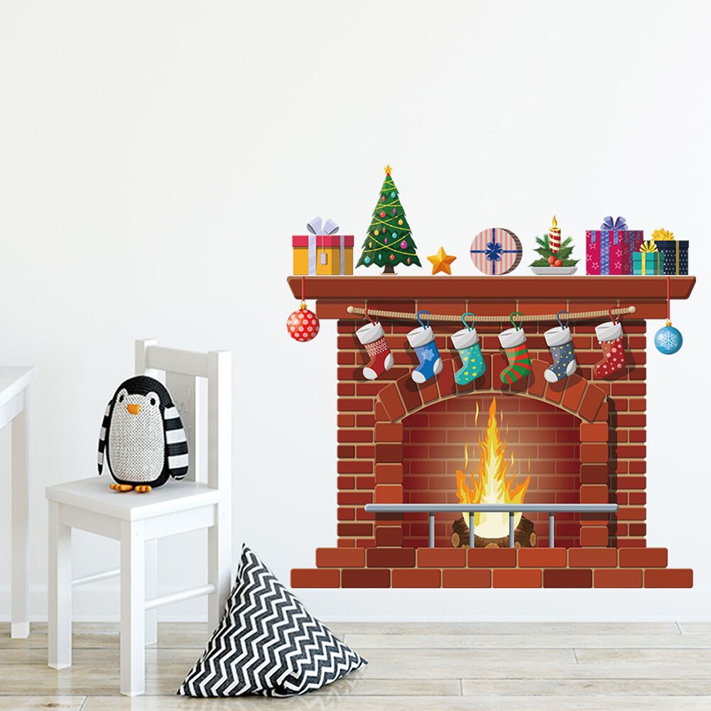Christmas Socks Fireplace Wall Stickers Removable Window Glass Door Room Decal Self-adhesive PVC Year Home Decor
