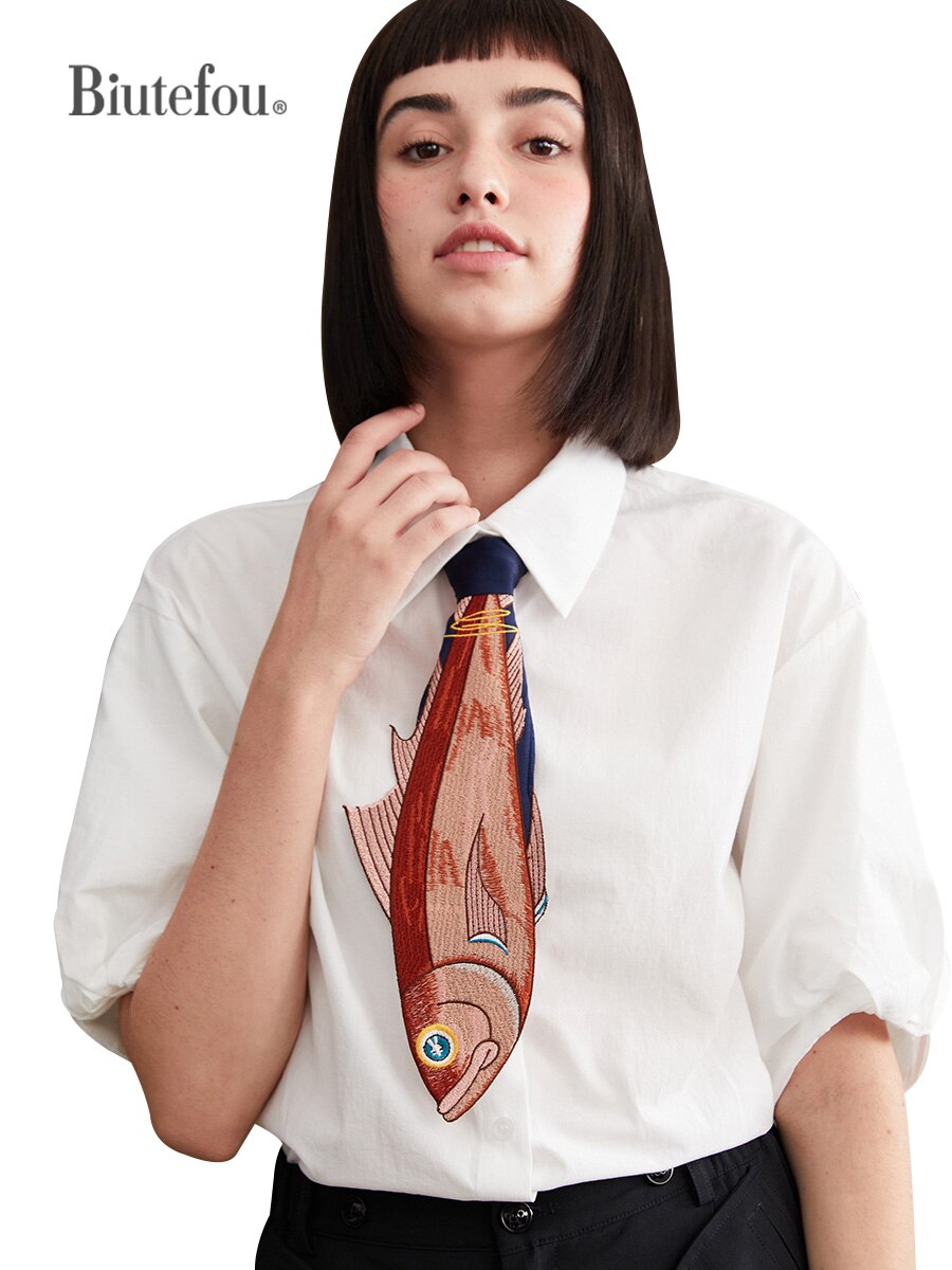 Cravate brodée en forme de poisson pour femmes, accessoires, inégal, amusant, arrivage
