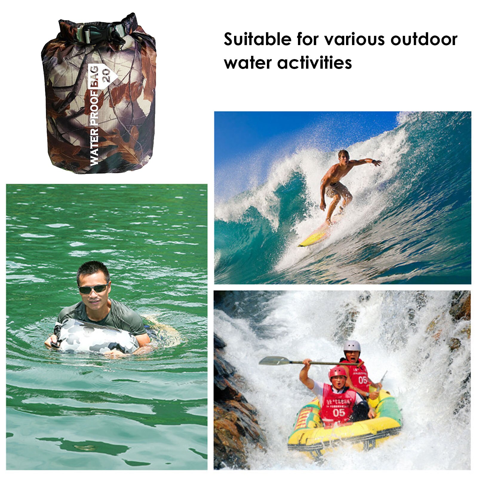 Outdoor Waterproof Dry Bag 10L 40L 70L Camo Water Diving Foldable Man Women Beach Swimming Floating Bag Raft Ocean Backpack Here