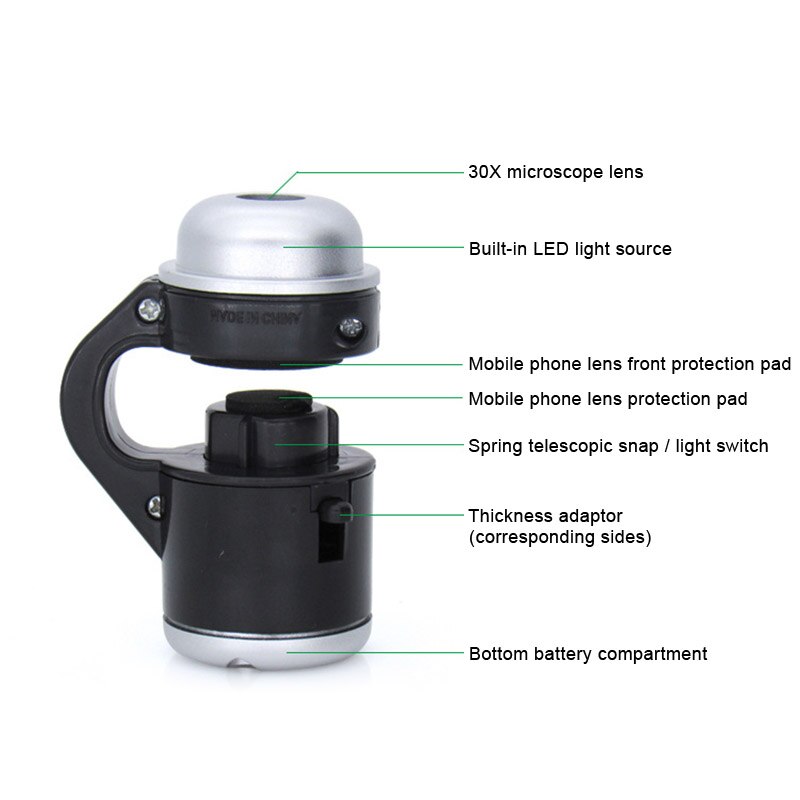 Microscopio para teléfono móvil, cámara telescópica, lente de Clip, Zoom 30x, luz LED, fotografía, PR, oferta