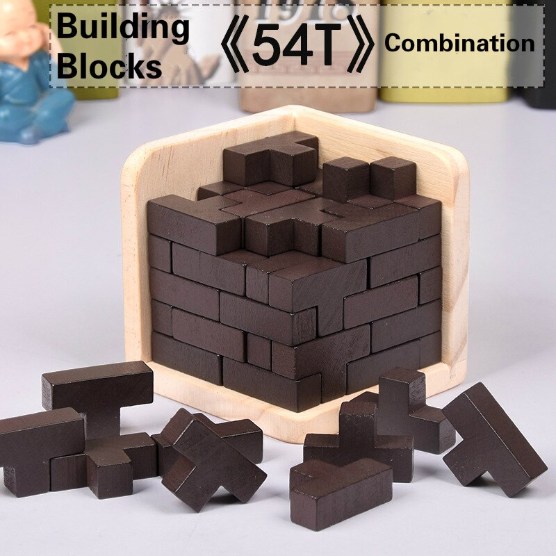 54Pcs Wooden T Shape 3D Puzzles Building Brain Teaser Luban Lock Educational Toy Puzzles Game Toy for Adults Kids Children