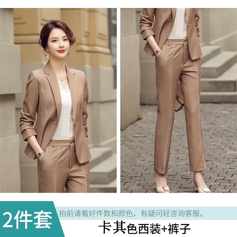 Plus size dame s -4xl business jakkesæt bukser todelt efterår og vinter slim fit dame blazer casual bukser: Khaki / S