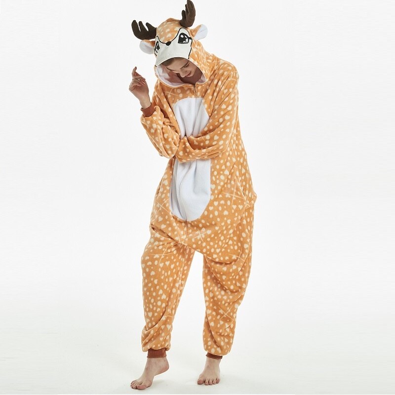Kigurumi-Pijama con capucha de ciervo para hombre y mujer, pijama de una sola pieza, de franela, cálido, animal, para adulto, kugurumi: S