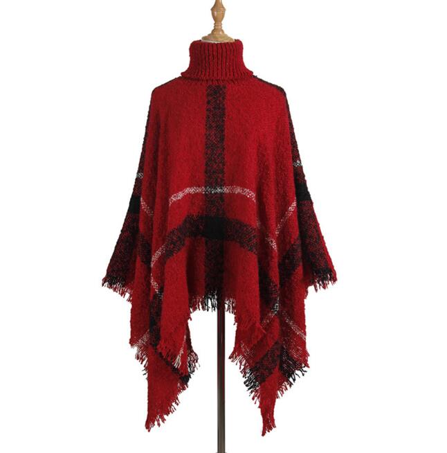 Efterår vinter poncho strikket rullekrave plaid kvinder poncho flagermusærmer lange ponchoer og kapper sweater pullovere: Rød