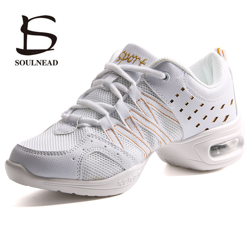 Donne Jazz Scarpe Da Ballo Suola Morbida Scarpe Da Ballo Scarpe Da Ginnastica Per La Donna Delle Signore Della Maglia Respiro Moderna Piazza di Fitness Scarpe Da Ballo Bianco