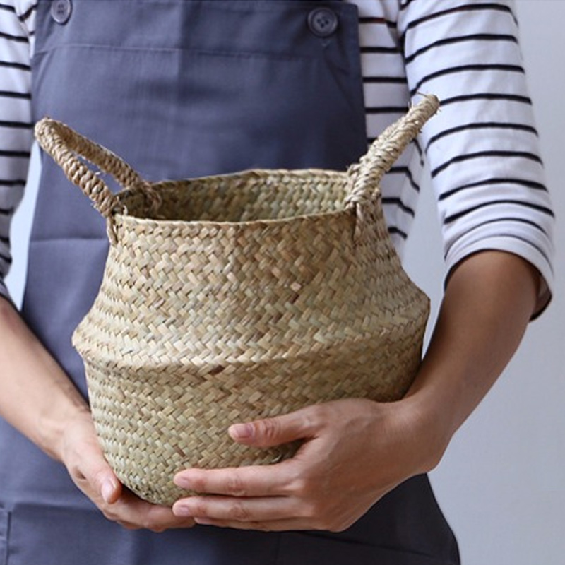 Folding Handmade Storage Basket Decorative Rattan Plant Flower Pot Woven Wicker Belly Laundry Basket Home Decor