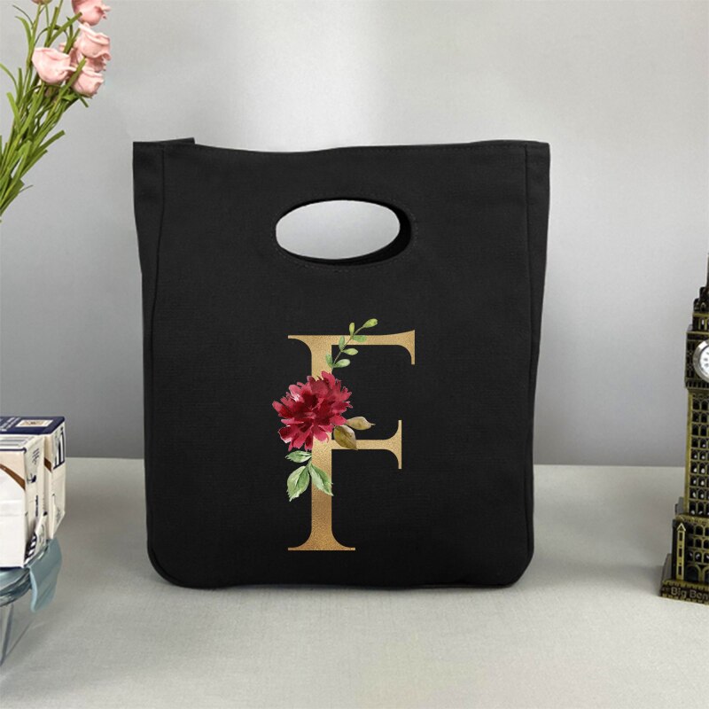 Gold Letter Canvas Neutral Refrigerated Rice Bag Portable Insulation Lunch Box Tote Bag Insulation Food Picnic Storage Bag: 9GolddF