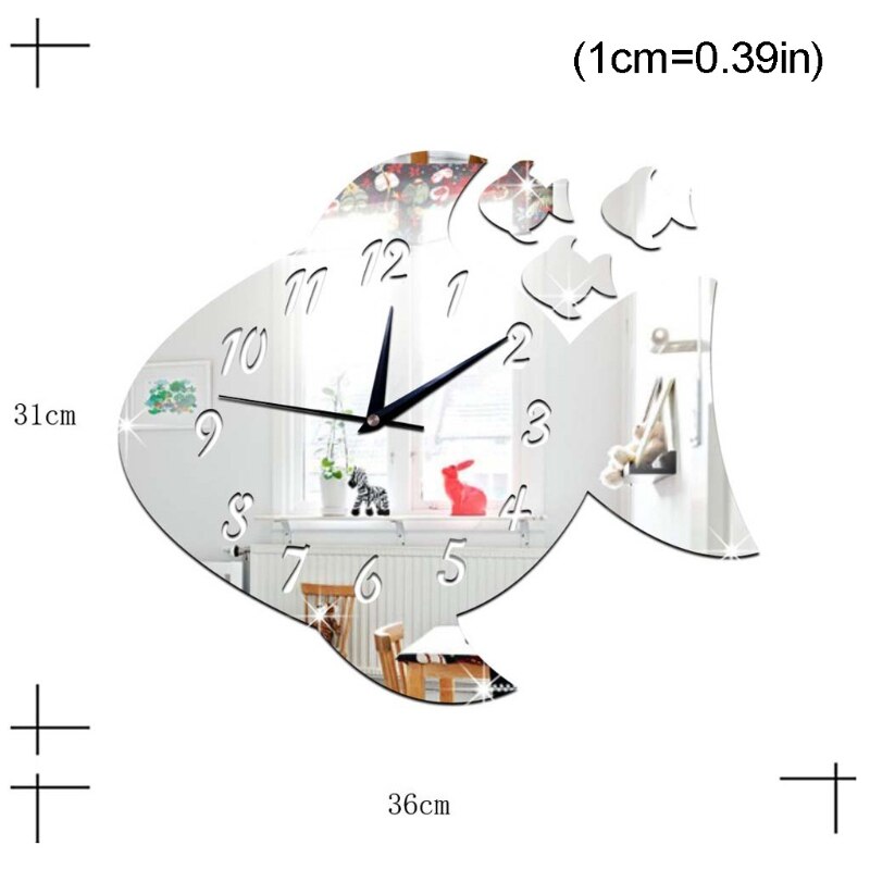 Śliczne w kształcie ryby akrylowy zegar ścienny lustro naklejki zegarek DIY naklejka dla dzieci pokój Q6PD